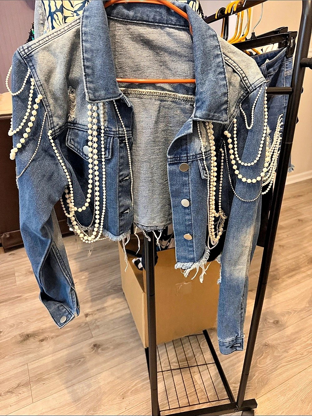 HME Distressed Pearl Embellished Denim Jacket Size Large